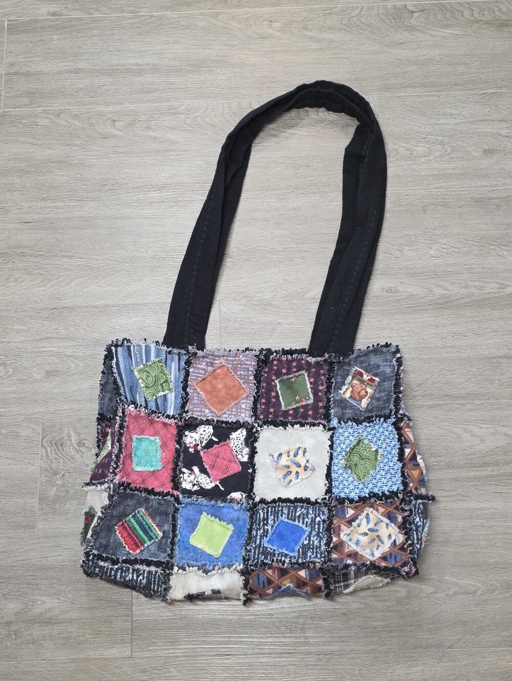 Handmade Patchwork Tote - Rag Quilt Bag 19 X 14 X 5 Vintage?